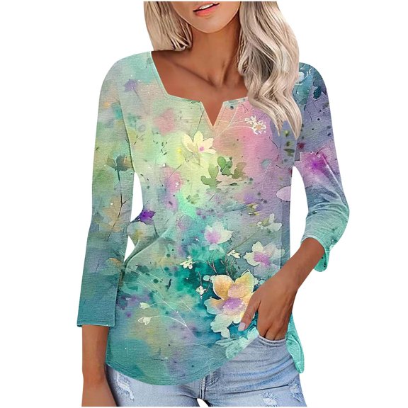 BLTIBY Womens Long Sleeve Top Printed V Neck Loose Casual Shirts Comfortable Fashion Pullover Blouse Multicolor 13 XL