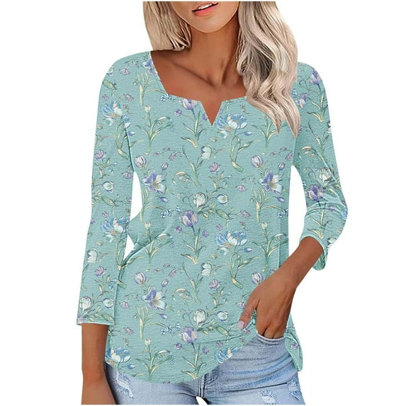 BLTIBY Womens Long Sleeve Top Printed V Neck Loose Casual Shirts Comfortable Fashion Pullover Blouse Multicolor 15 M