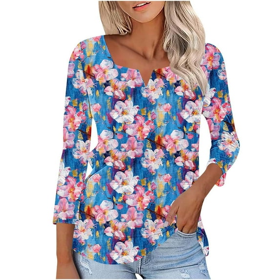 BLTIBY Womens Long Sleeve Top Printed V Neck Loose Casual Shirts Comfortable Fashion Pullover Blouse Multicolor 3 XL