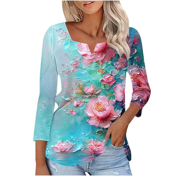 BLTIBY Womens Long Sleeve Top Printed V Neck Loose Casual Shirts Comfortable Fashion Pullover Blouse Multicolor 6 L