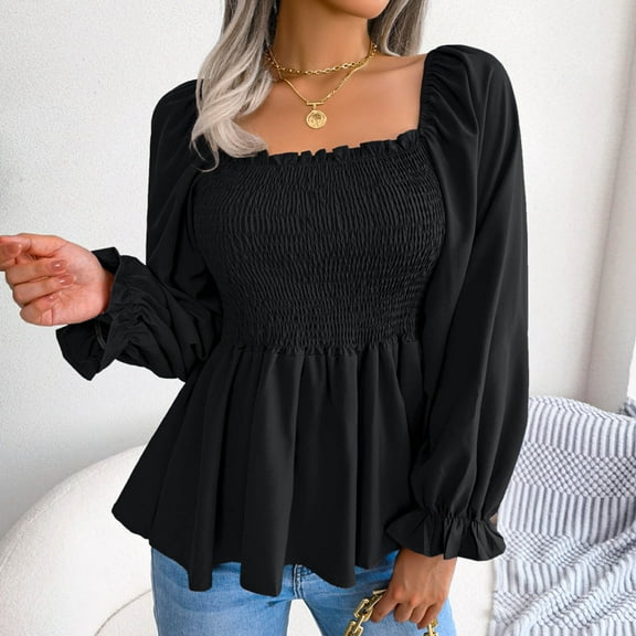 BLTIBY Womens Long Sleeve Top Spring Fall Solid Color Square Neck Slim Fit Pleated Hem Shirts Fashion Casual Pullover Blouse Black M