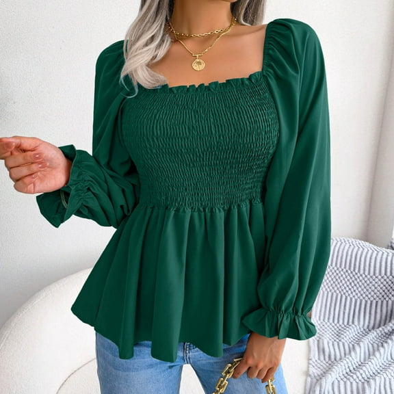 BLTIBY Womens Long Sleeve Top Spring Fall Solid Color Square Neck Slim Fit Pleated Hem Shirts Fashion Casual Pullover Blouse Green L