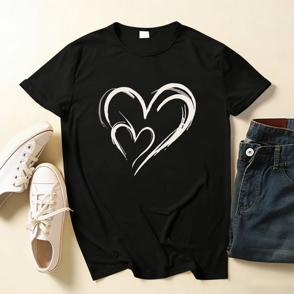 BLTIBY Womens Love Heart Shirts Short Sleeve Valentines Crewneck Graphic Tops Fashion Casual Pullover Blouse Black XL