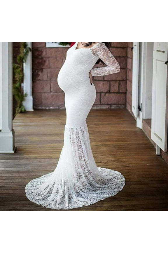 Womens Maternity Dresses Ladies Pregnants Photography Props Long Sleeve Off Shoulder Solid Colour Mesh Lace Sexy V Neck Nursing Long Dress Maxi Dress White XXL