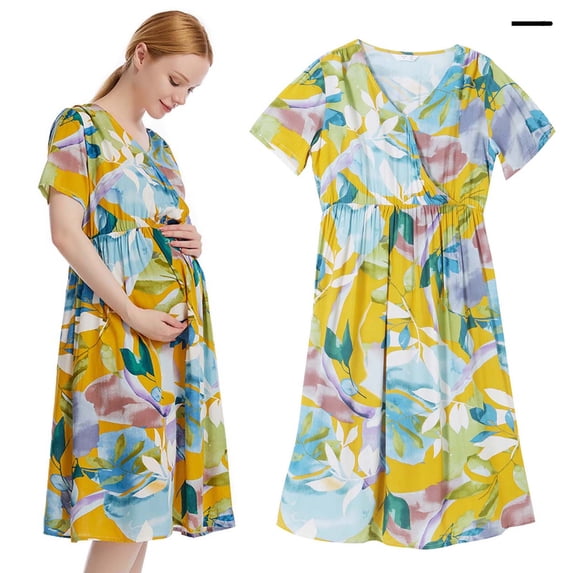 BLTIBY Womens Maternity Dresses Summer Short Sleeve Printed Skirts Fashion V Neck Loose Casual Breastfeeding Knee Length Dress Green L
