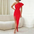 thumbnail image 1 of BLTIBY Womens Maxi Dress One Shoulder Ruched Ruffle Sleeveless Wrap High Slit Bodycon Wedding Guest Cocktail Party Dresses Red S, 1 of 9