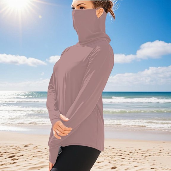 BLTIBY Womens Mens UPF50+ Long Sleeve Shirts UV Protection Solid Color Lightweight Ice Silk Sunscreen Cool Tops with Mask Pink XL
