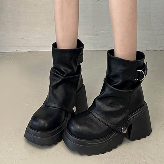 BLTIBY Womens Mid Calf Boots Fashion Chunky Heel Round Toe Boot Pleated Buckle Booties Casual Versatile Vacation Snow Outdoor Black 36