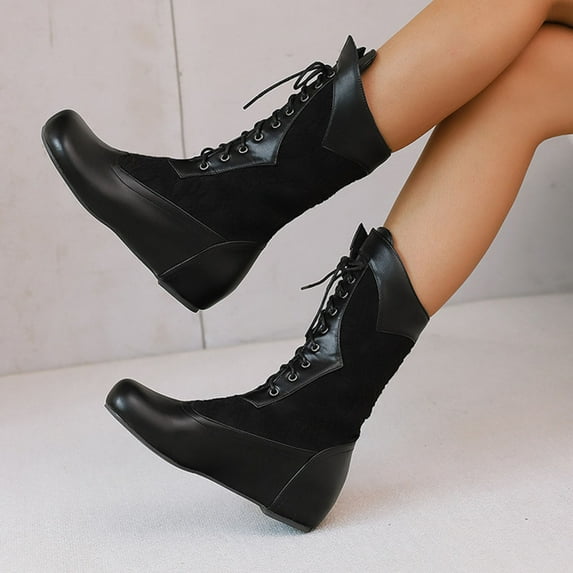 BLTIBY Womens Mid Calf Boots Vintage Flat Lace Up Victorian Booties PU Leather Round Toe Boot Fashion Black 40