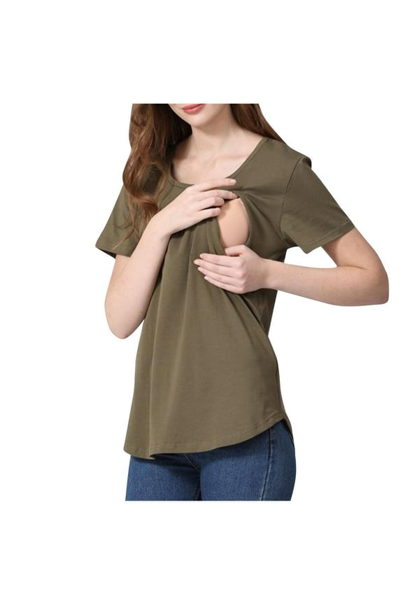 Womens Nursing Tops Maternity Short Sleeve Solid Color Round Neck Shirts Breastfeeding Shirt Pregnancy Clothes Army Green L