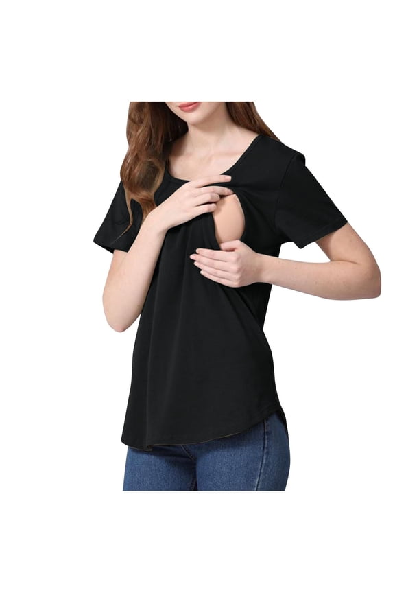 Womens Nursing Tops Maternity Short Sleeve Solid Color Round Neck Shirts Breastfeeding Shirt Pregnancy Clothes Black S