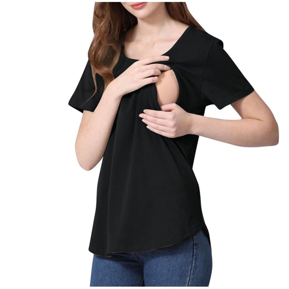 BLTIBY Womens Nursing Tops Maternity Short Sleeve Solid Color Round Neck Shirts Breastfeeding Shirt Pregnancy Clothes Black XL
