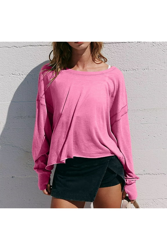 Womens Open Back Workout Tops Backless Long Sleeve Solid Colour Athletic Shirt Running Crop Top Gym Yoga Tee Casual Loose Hot Pink L