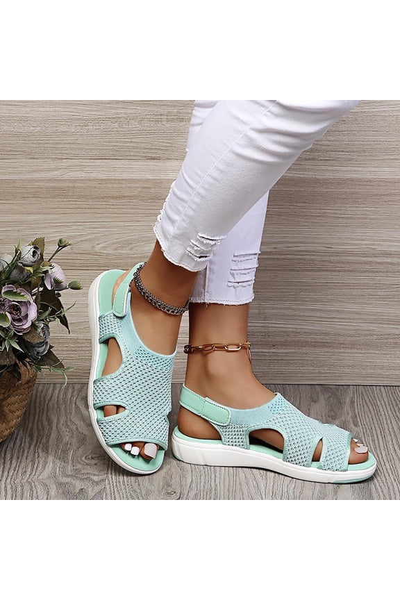 Womens Orthopedic Platform Wedge Walking Sandals with Elastic Ankle Strap Open Toe Breathable Mesh Casual Knit Flat Sandals Sports Shoes for Athletic Summer Beach Dressy Green 35