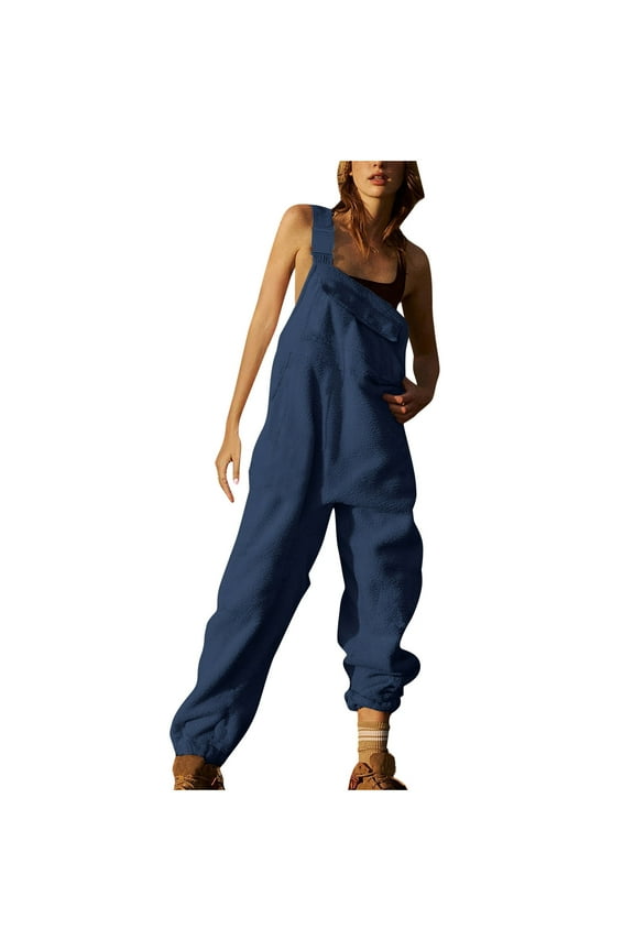 Womens Overalls Winter Teddy Woolen Solid Colour Ladies Sleeveless Adjustable Bib Ski Jumpsuits Baggy Fashion Casual Wide Leg Long Rompers with Pockets Navy 1 XXL