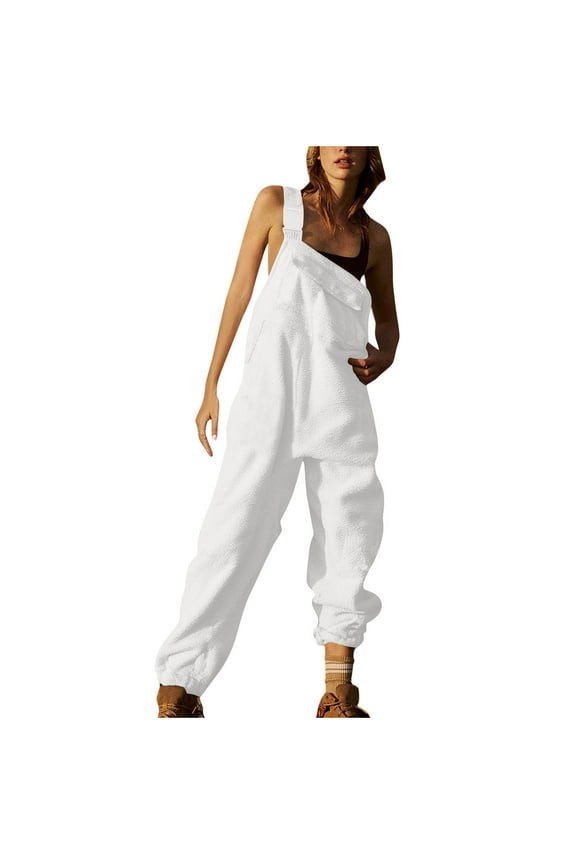 Womens Overalls Winter Teddy Woolen Solid Colour Ladies Sleeveless Adjustable Bib Ski Jumpsuits Baggy Fashion Casual Wide Leg Long Rompers with Pockets White 2 M