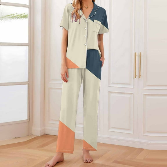BLTIBY Womens Pajama Sets 2 Piece Color Block Printed Lapel Button Short Sleeve Shirts Pants Casual Loungewear Outfits with Pockets Navy M