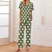BLTIBY Womens Pajama Sets 2 Piece Polka Dots Printed Lapel Button Short Sleeve Shirts Pants Casual Loungewear Outfits with Pockets Army Green XXL