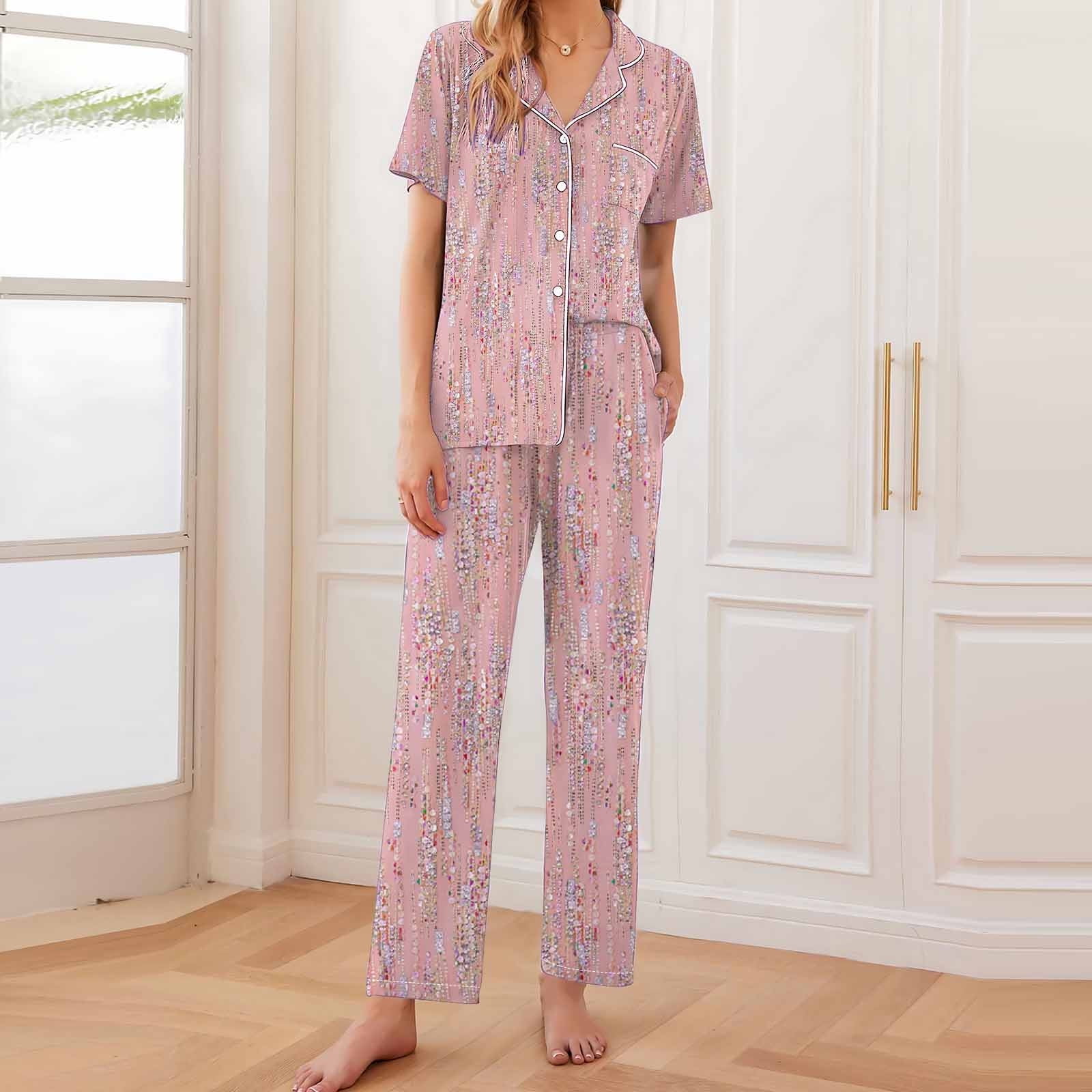 Contrast Lapel Collar Shirt and Pants Pajama Set with Pockets