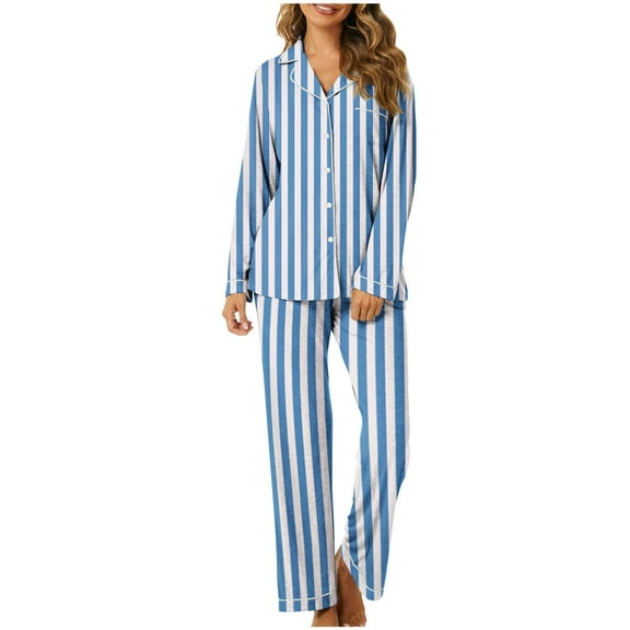 BLTIBY Womens Pajama Sets 2 Piece Striped Printed Lapel Button Long Sleeve Shirts Pants Casual Loungewear Outfits with Pockets Sky Blue L