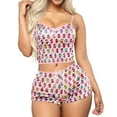 thumbnail image 1 of BLTIBY Womens Pajama Sets 2 Piece Velvet Lace Trim Spaghetti Strap Cami Crop Top High Waist Shorts Printed Nightwear Sleepwear B M, 1 of 7