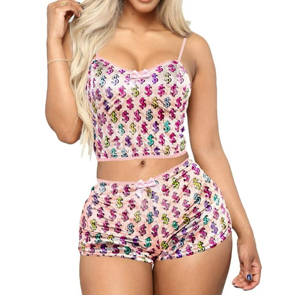 BLTIBY Womens Pajama Sets 2 Piece Velvet Lace Trim Spaghetti Strap Cami Crop Top High Waist Shorts Printed Nightwear Sleepwear B XL