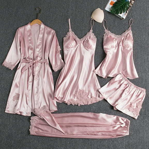 BLTIBY Womens Pajama Sets 5PCS Satin Silk Sleepwear Lace Trim Robe Set with Cami Shorts Pants Dress Soft Loungwear PJ Outfits Pink 4XL