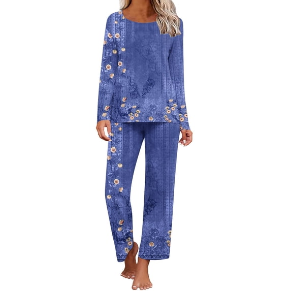 BLTIBY Womens Pajama Sets Round Neck Printed Long Sleeve Top with Long Pants Lounge Set Fall Sleepwear Comfortable Blue XL