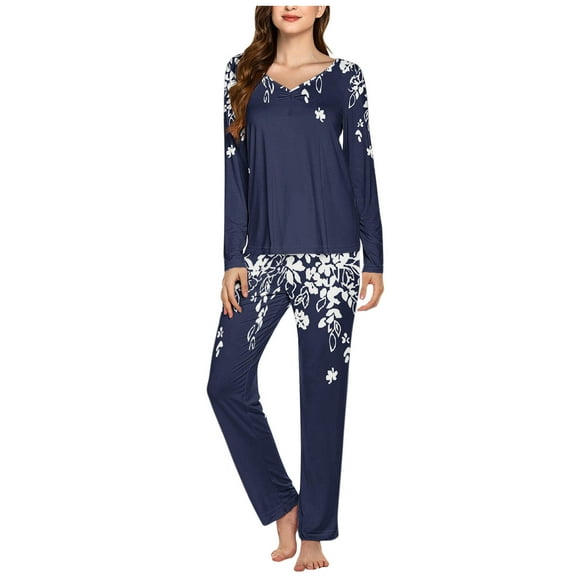 BLTIBY Womens Pajama Sets V Neck Printed Long Sleeve Top Long Pants Lounge Set Sleepwear Comfortable Blue XXL