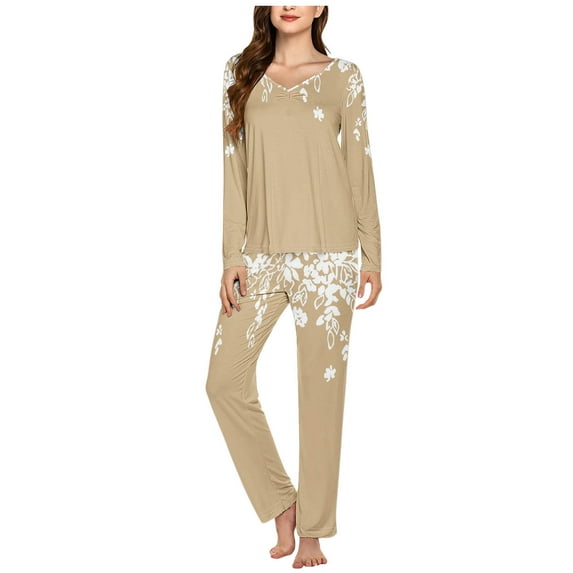 BLTIBY Womens Pajama Sets V Neck Printed Long Sleeve Top Long Pants Lounge Set Sleepwear Comfortable Khaki XXL