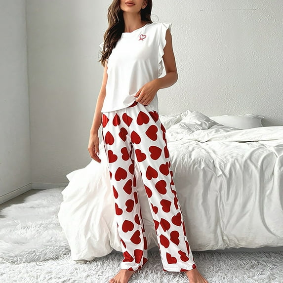 BLTIBY Womens Pajamas Sets Valentine's Day 2 Piece Lounge Set Sleeveless Tops and Long Pants Soft Pjs Loungewear Fashion Comfortable Homewear Red XL
