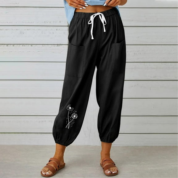 BLTIBY Womens Pants Printed Spring Summer Elastic Waist Drawstring Straight Leg High Waist Trousers with Pockets Fashion Casual Lightweight Black S