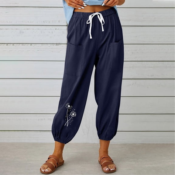 BLTIBY Womens Pants Printed Spring Summer Elastic Waist Drawstring Straight Leg High Waist Trousers with Pockets Fashion Casual Lightweight Navy M