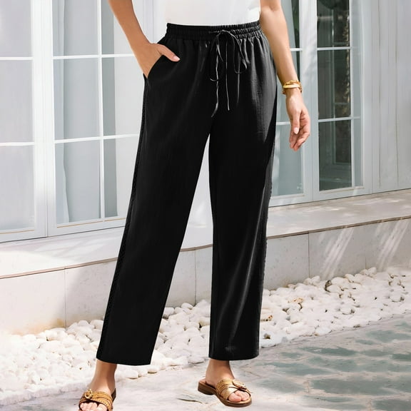 BLTIBY Womens Pants Summer Spring Solid Colour Elastic Waist Drawstring Straight Leg Wide Leg High Waist Trouser with Pocket Fashion Casual Black 3XL
