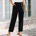 thumbnail image 1 of BLTIBY Womens Pants Summer Spring Solid Colour Elastic Waist Drawstring Straight Leg Wide Leg High Waist Trouser with Pocket Fashion Casual Black L, 1 of 9