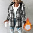 thumbnail image 1 of BLTIBY Womens Plaid Jacket Button Down Fleece Lined Hooded Drawstring Jackets Casual Color Block Warm Coat Fall Winter Coats with Chest Pocket Gray M, 1 of 6