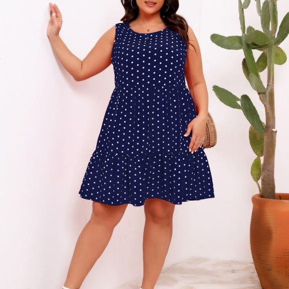 BLTIBY Womens Plus Size Dresses 2025 Sleeveless Spring Summer Mini Dress Round Neck Printed Casual Fashion Dresses Knee Length Dark Blue XL