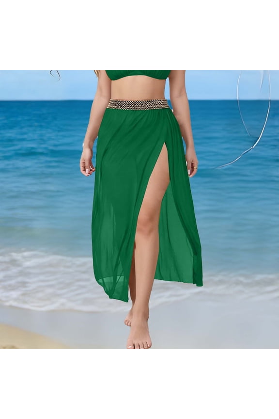 Womens Plus Size Long Sarong Skirts Mesh Side Slit Beach Cover up Wraps Resort Vacation Tropical See Through Midi Skirt Green XL