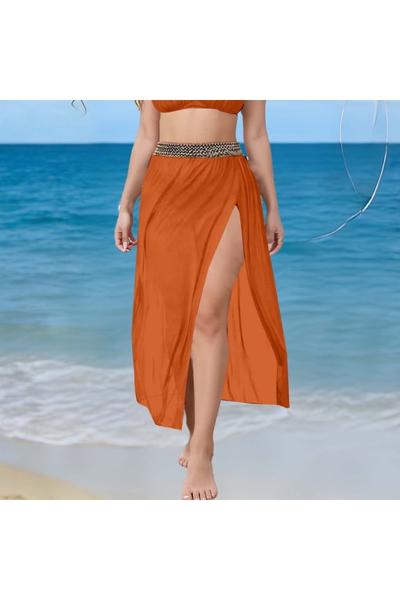 Womens Plus Size Long Sarong Skirts Mesh Side Slit Beach Cover up Wraps Resort Vacation Tropical See Through Midi Skirt Orange XXL