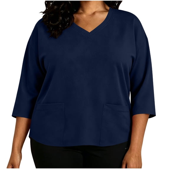 BLTIBY Womens Plus Size Scrub Tops V Neck 3/4 Sleeve Nursing Workwear Loose Nurse Uniform Tshirts Pullover Blouse with Pockets Navy 3XL