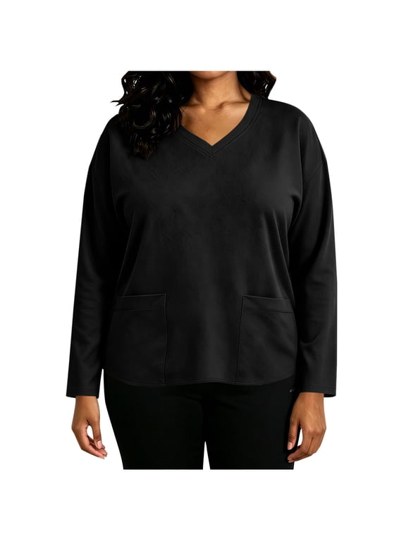 Womens Plus Size Scrub Tops V Neck Long Sleeve Nursing Workwear Loose Nurse Uniform Tshirts Pullover Blouse with Pockets Black 3XL