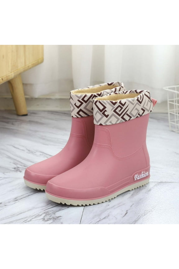 Womens Rain Ankle Boots Waterproof Non-Slip Fleece Lined Work Shoes Solid Color Fashion Rubber Booties for Car Wash Kitchen Wear-Resistant Pink 37
