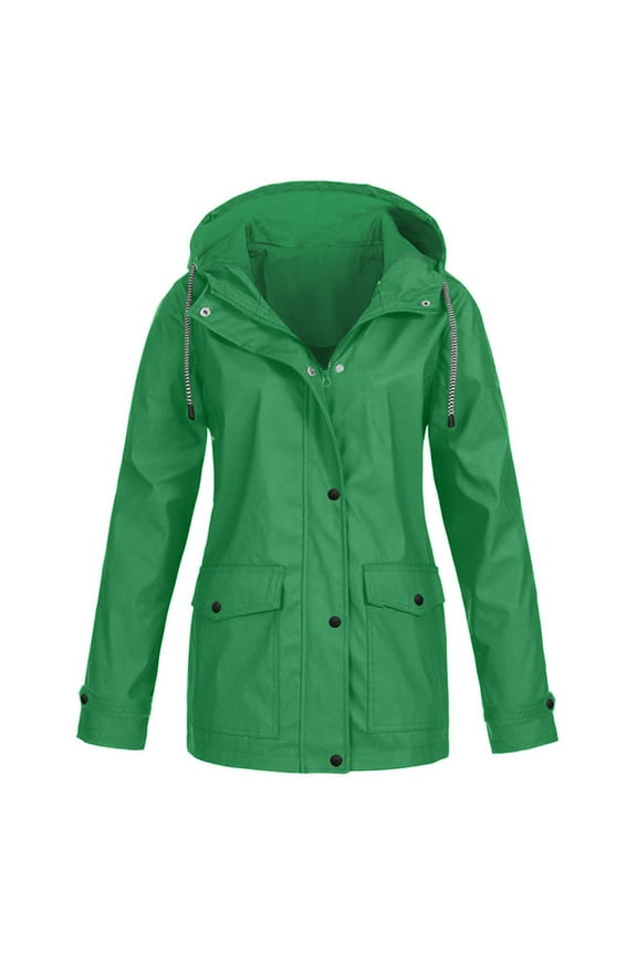 Womens Raincoat Hooded Waterproof Oversized Coat Lightweight Zip Up Button Drawstring Jacket Windbreaker with Pockets for Outdoor Green 3XL