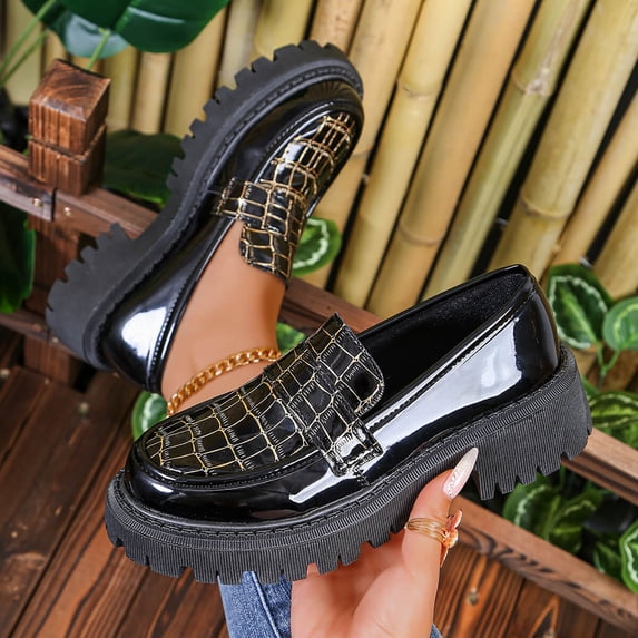 BLTIBY Womens Retro Loafers Shiny Round Toe Mid Heel Casual Spring Summer Shoes Black 36