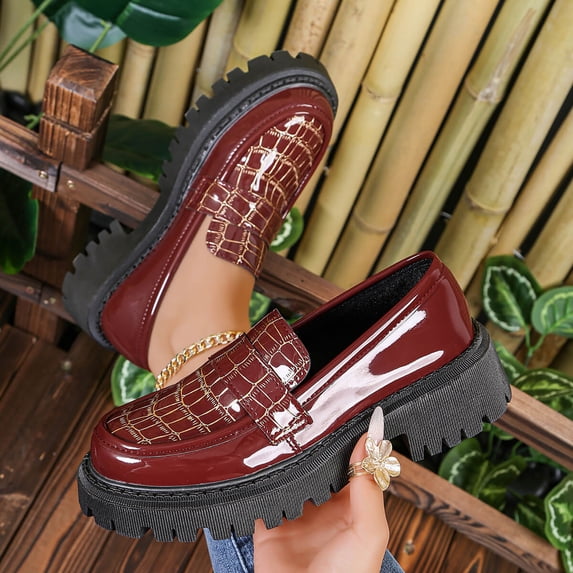 BLTIBY Womens Retro Loafers Shiny Round Toe Mid Heel Casual Spring Summer Shoes Wine 40