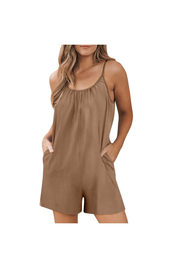 Womens Rompers Solid Colour Summer Casual Breathable Sleeveless Romper Loose Spaghetti Strap Shorts Comfortable Fashion Overalls Jumpsuits with Pockets 2024 Khaki M