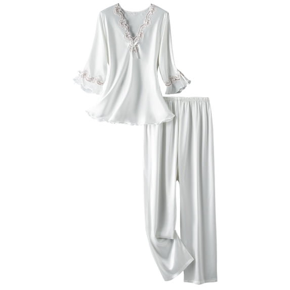BLTIBY Womens Satin Pajamas Set Two-piece Classic Sleepwear 3/4 Long Sleeve V-Neck with Lace Long Pants Loungewear Set White L