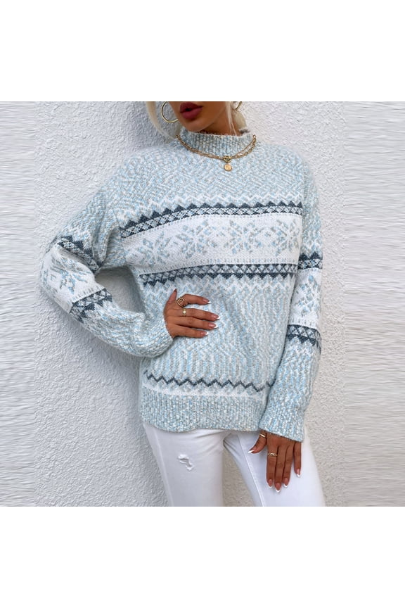 Womens Semi-High Neck Sweaters Snowflake Printed Knitted Pullover Long Sleeve Crew Neck Jumper Warm Casual Lightweight Soft Tops Blue M