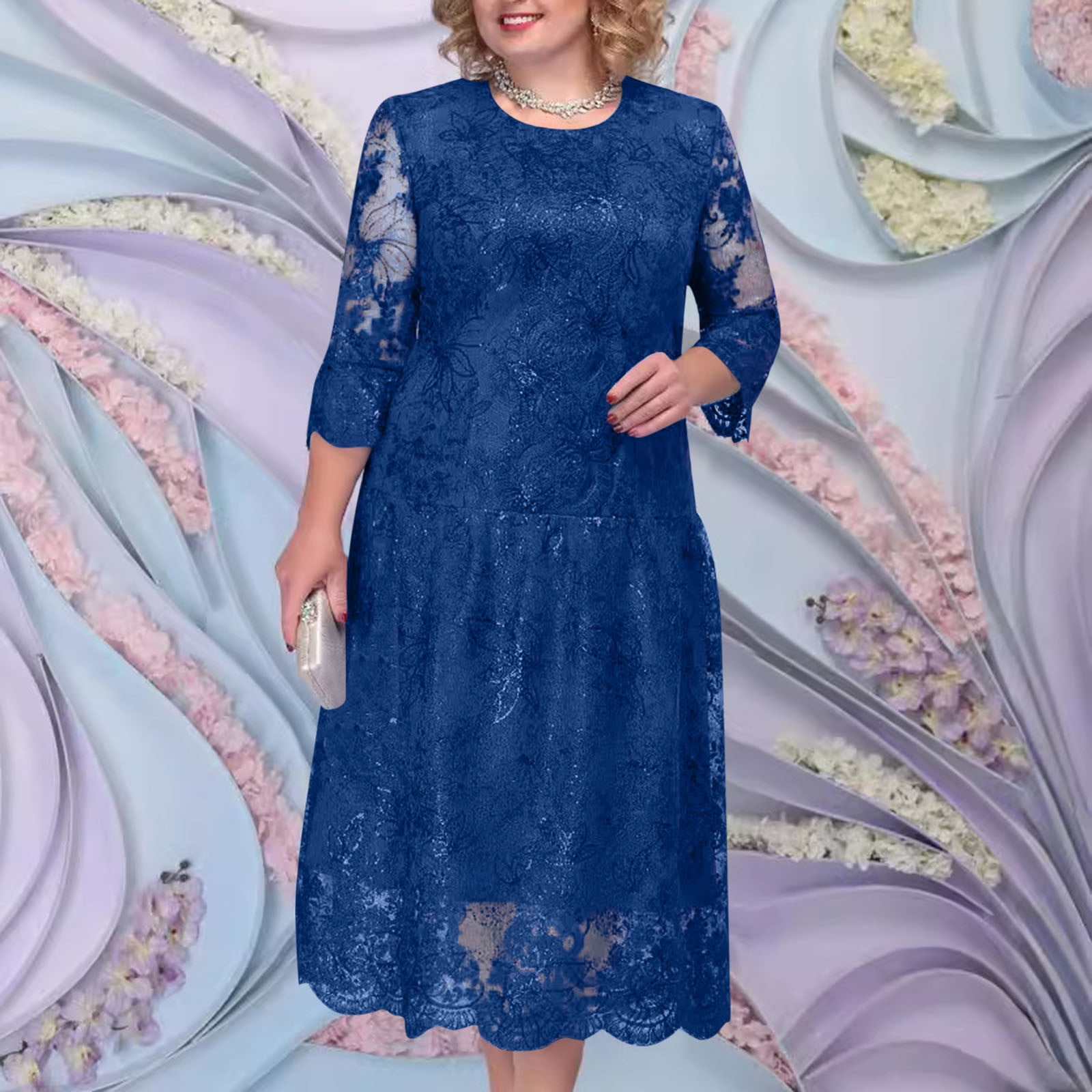 BLTIBY Womens Sequin Dress Lace Embroidery 3/4 Sleeve Round Neck Dresses  Evening Gown Sheer Knee Length Elegant Cocktail Dress Oversized Blue 3XL -  Walmart.com