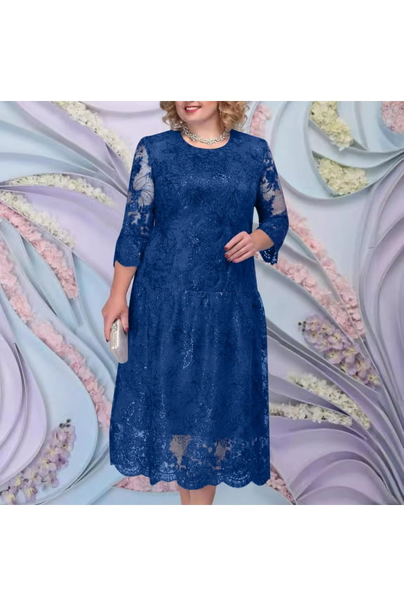 Womens Sequin Dress Lace Embroidery 3/4 Sleeve Round Neck Dresses Evening Gown Sheer Knee Length Elegant Cocktail Dress Oversized Blue 3XL